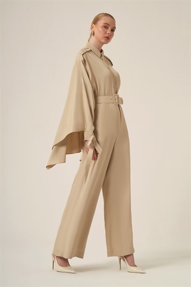 FTZ Women Kadın Doğal Elyaf Şal Detay Tulum  Beige 31340