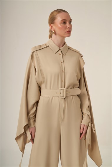 FTZ Women Kadın Doğal Elyaf Şal Detay Tulum  Beige 31340