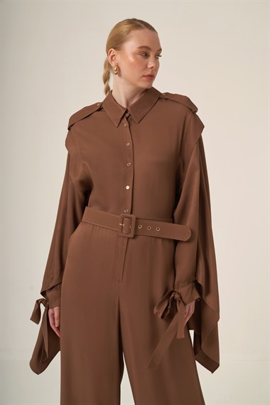 FTZ Women Kadın Doğal Elyaf Şal Detay Tulum  Kahve 31340