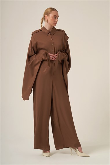 FTZ Women Kadın Doğal Elyaf Şal Detay Tulum  Kahve 31340