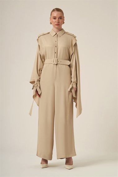 FTZ Women Kadın Doğal Elyaf Şal Detay Tulum  Beige 31340
