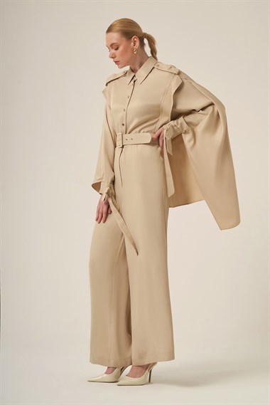 FTZ Women Kadın Doğal Elyaf Şal Detay Tulum  Beige 31340