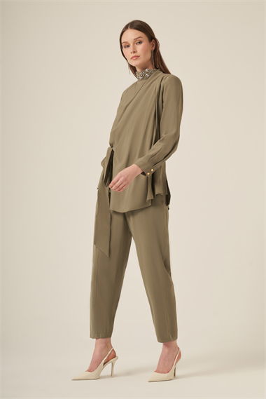 FTZ Women Kadın Doğal Elyaf Yaka Taşli Takım  Haki 31316