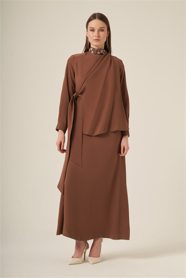 FTZ Women Kadın Doğal Elyaf Yaka Taşli Elbise  Kahve 31317