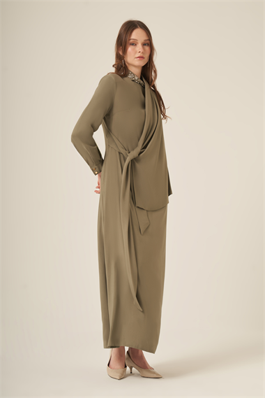 FTZ Women Kadın Doğal Elyaf Yaka Taşli Elbise  Haki 31317