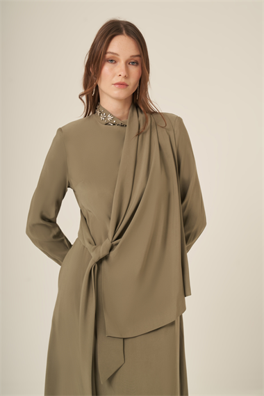 FTZ Women Kadın Doğal Elyaf Yaka Taşli Elbise  Haki 31317