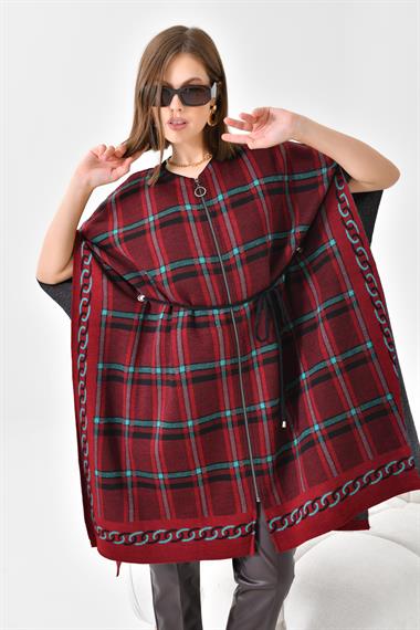 FTZ Women Kadın Ekose Detay Panço  Bordo 21-1116