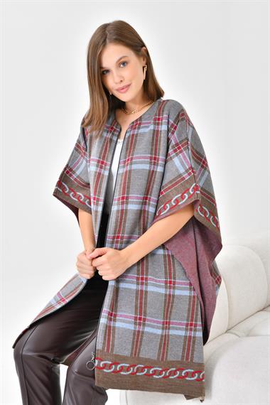 FTZ Women Kadın Ekose Detay Panço  Kahve 21-1116