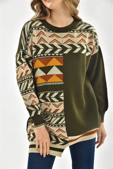 FTZ Women Kadın Etnik Desen Bluz  Haki 21-6269