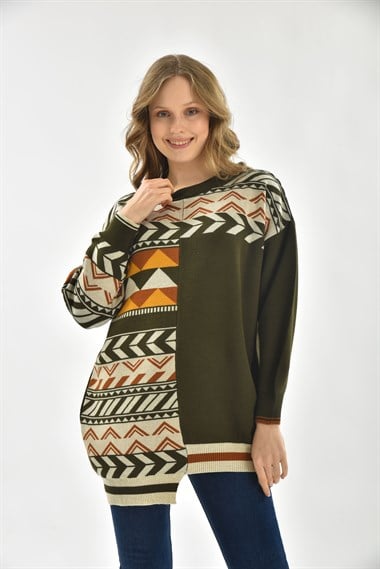 FTZ Women Kadın Etnik Desen Bluz  Haki 21-6269