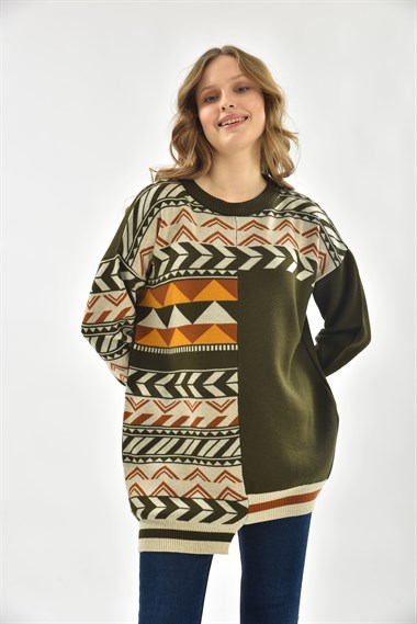 FTZ Women Kadın Etnik Desen Bluz  Haki 21-6269