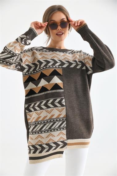 FTZ Women Kadın Etnik Desen Bluz  Kahve 21-6269