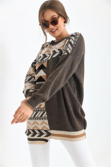 FTZ Women Kadın Etnik Desen Bluz  Kahve 21-6269