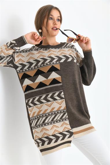 FTZ Women Kadın Etnik Desen Bluz  Kahve 21-6269