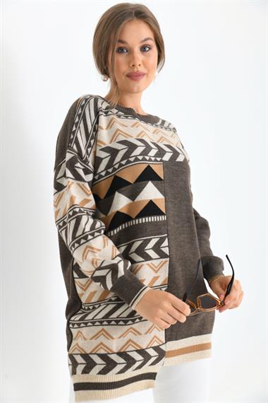 FTZ Women Kadın Etnik Desen Bluz  Kahve 21-6269