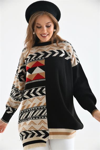 FTZ Women Kadın Etnik Desen Bluz  Siyah 21-6269