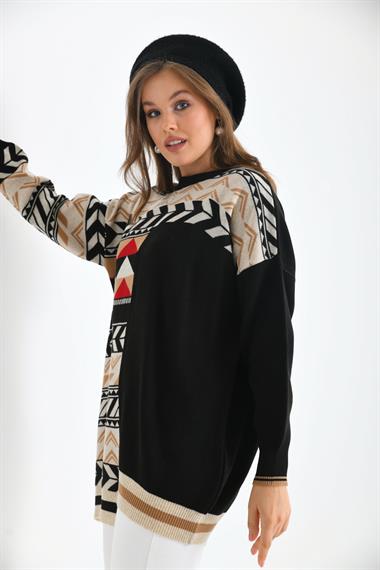 FTZ Women Kadın Etnik Desen Bluz  Siyah 21-6269