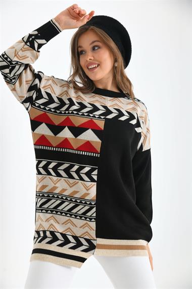 FTZ Women Kadın Etnik Desen Bluz  Siyah 21-6269