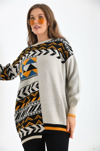 FTZ Women Kadın Etnik Desen Bluz  Taş 21-6269