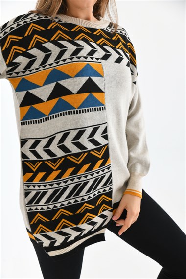 FTZ Women Kadın Etnik Desen Bluz  Taş 21-6269