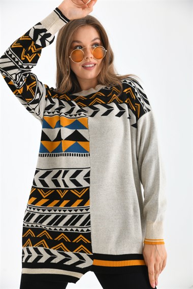 FTZ Women Kadın Etnik Desen Bluz  Taş 21-6269