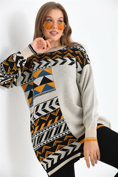 FTZ Women Kadın Etnik Desen Bluz  Taş 21-6269