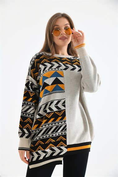 FTZ Women Kadın Etnik Desen Bluz  Taş 21-6269