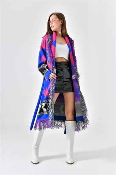 FTZ Women Kadın Etnik Desen Püskülü Kap  Fuşya 20049