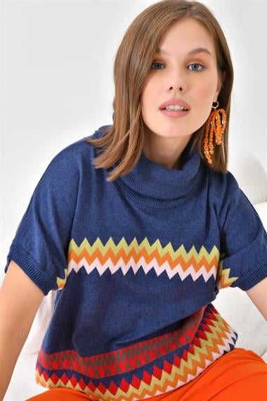 FTZ Women Kadın Etnik Desenli Süveter  İndigo 20073