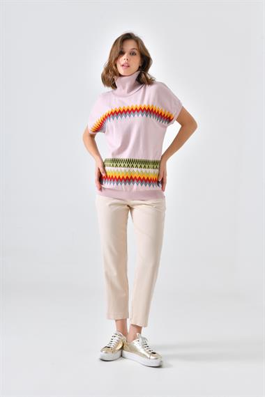 FTZ Women Kadın Etnik Desenli Süveter  Pudra 20073