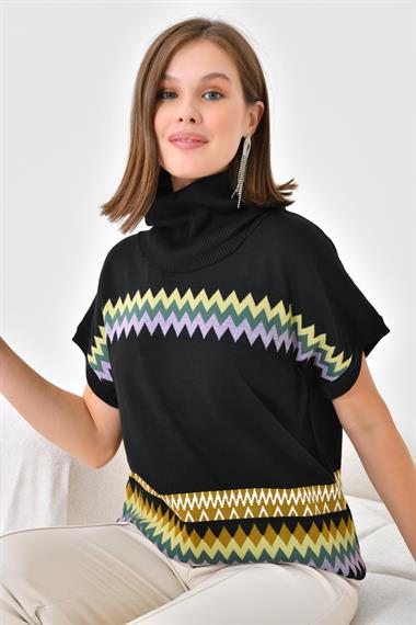 FTZ Women Kadın Etnik Desenli Süveter  Siyah 20073