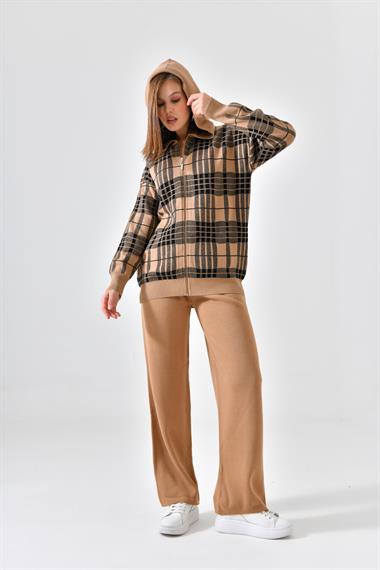 FTZ Women Kadın Fermuar Kapşon Detay İkili Takım  Bisküvi 21-6038