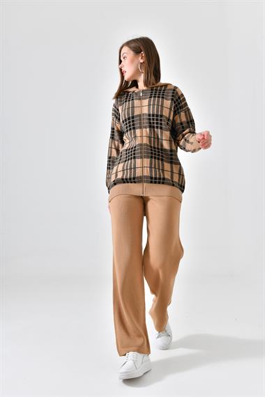 FTZ Women Kadın Fermuar Kapşon Detay İkili Takım  Bisküvi 21-6038