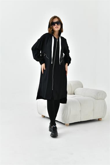 FTZ Women Kadın Fermuarlı Kapişonlu Kap  Siyah 30754