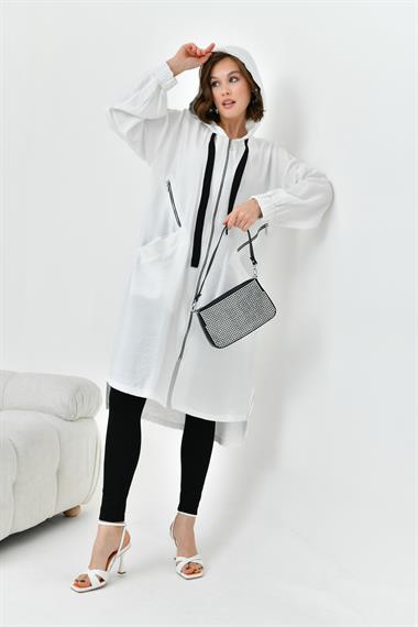 FTZ Women Kadın Fermuarlı Kapişonlu Kap  Ekru 30754