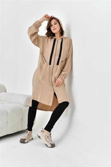 FTZ Women Kadın Fermuarlı Kapişonlu Kap  Sütlü Kahve 30754