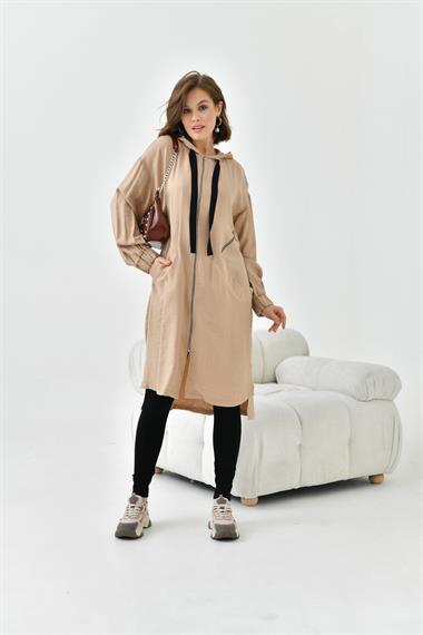 FTZ Women Kadın Fermuarlı Kapişonlu Kap  Sütlü Kahve 30754