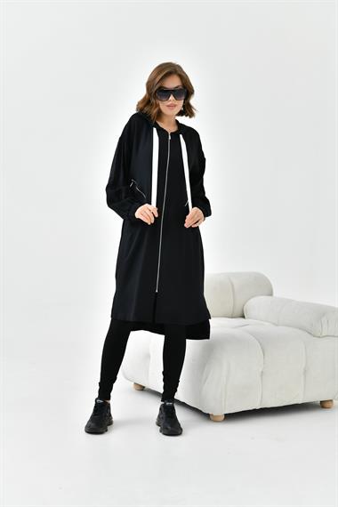 FTZ Women Kadın Fermuarlı Kapişonlu Kap  Siyah 30754