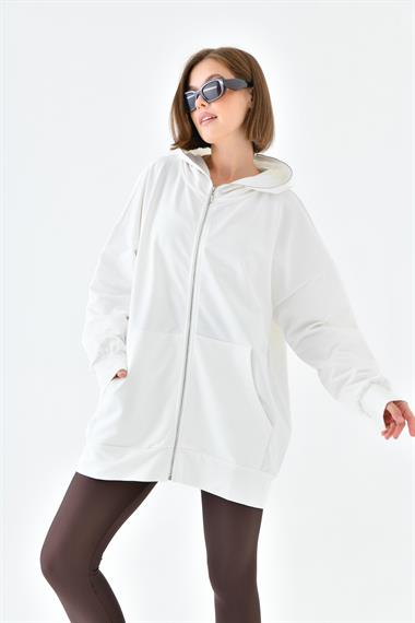 FTZ Women Kadın Fermuarlı Sweat  Ekru 10005