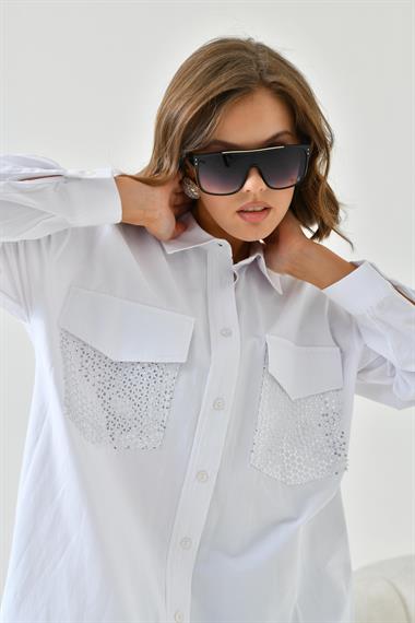 FTZ Women Kadın File Cepli Poplin Gömlek  Ekru 30768