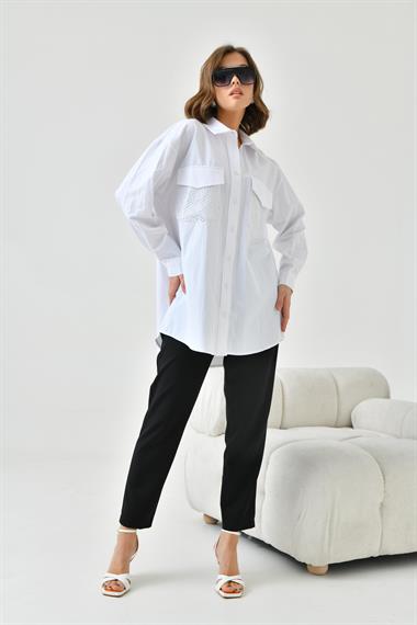 FTZ Women Kadın File Cepli Poplin Gömlek  Ekru 30768