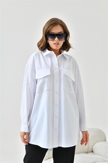 FTZ Women Kadın File Cepli Poplin Gömlek  Ekru 30768