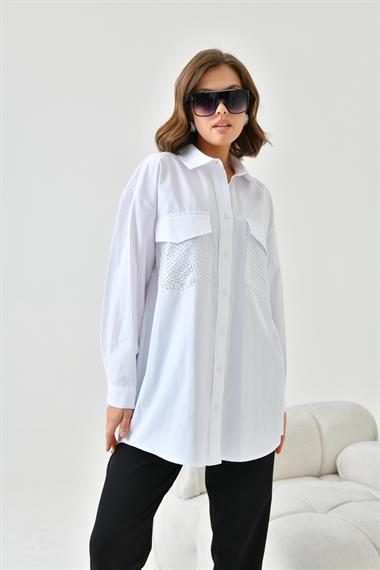 FTZ Women Kadın File Cepli Poplin Gömlek  Ekru 30768