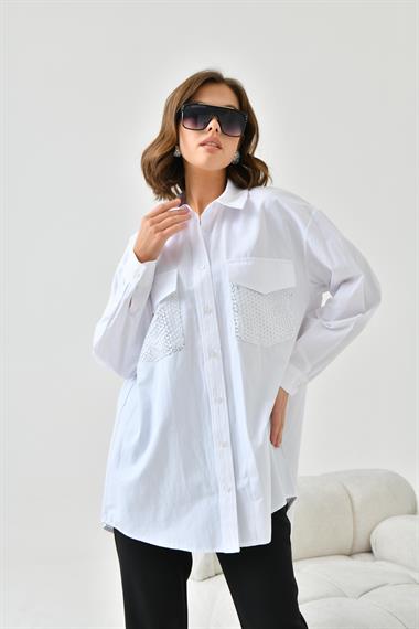 FTZ Women Kadın File Cepli Poplin Gömlek  Ekru 30768