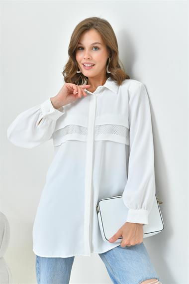 FTZ Women Kadın File Detaylı Gömlek  Ekru 30797