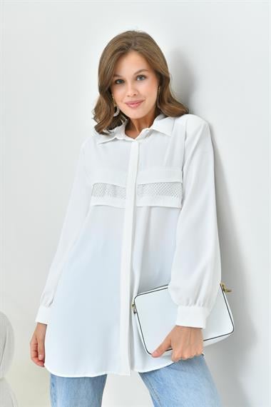 FTZ Women Kadın File Detaylı Gömlek  Ekru 30797