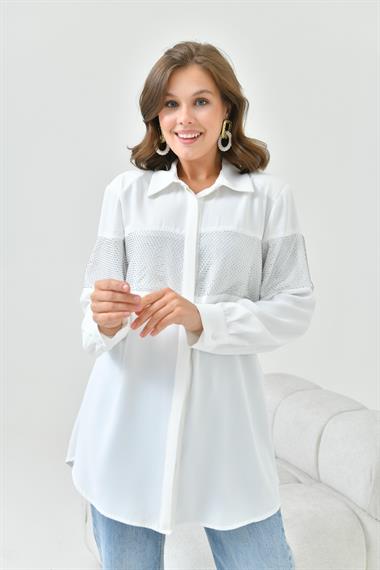 FTZ Women Kadın File Detaylı Gömlek  Ekru 30796