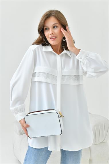 FTZ Women Kadın File Detaylı Gömlek  Ekru 30797