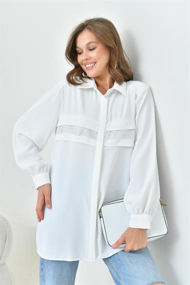 FTZ Women Kadın File Detaylı Gömlek  Ekru 30797