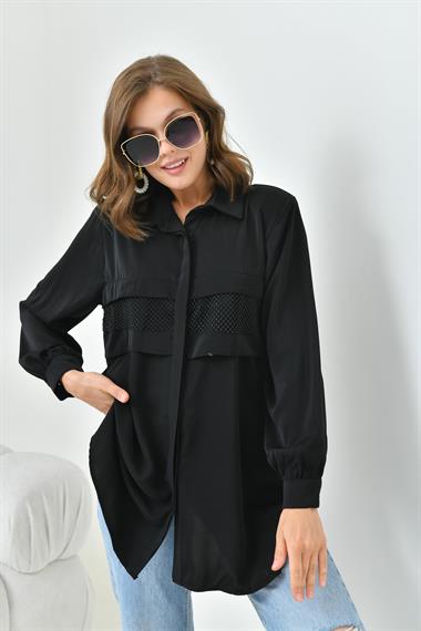 FTZ Women Kadın File Detaylı Gömlek  Siyah 30797